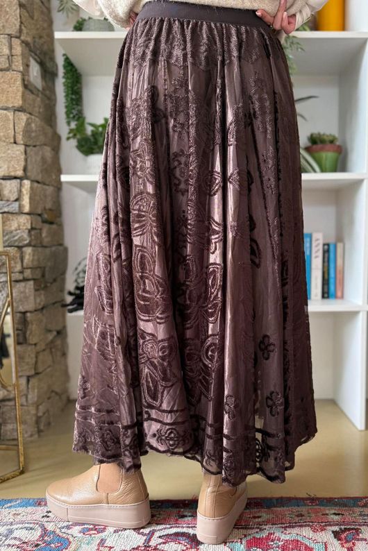 Opulance Damask Midi Skirt Rich Chocolate